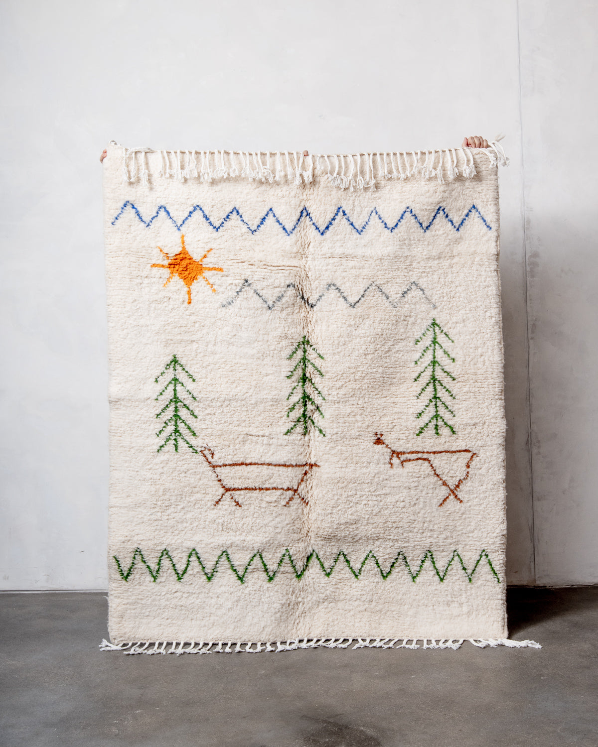 Modern, designer, handcrafted Berber rug from Morocco. Beniourain carpet with beautiful colours and patterns and fluffy wool texture.